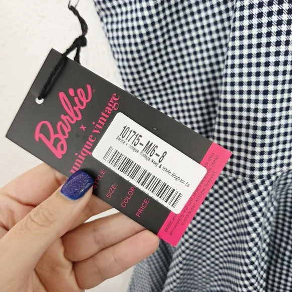 Barbie x Unique Vintage Navy & White Gingham Barbie-Q Swing Dress Medium NEW NWT - Picture 5 of 6